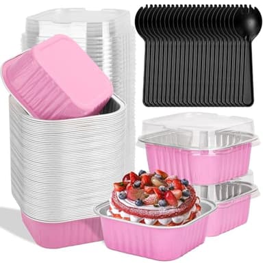 selizo 60 Pack 10oz Mini Disposable Cake Pans with Lids, Aluminum Foil Square Baking Cups, 4.4x4.4 Large Baking Cake Tins Cup Cake Containers with Lids for Thanksgiving Individual Cakes