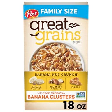 Great Grains Banana Nut Crunch Breakfast Cereal for Adults, Made with Whole Grain, Non-GMO, Heart Healthy, 18 OZ Box