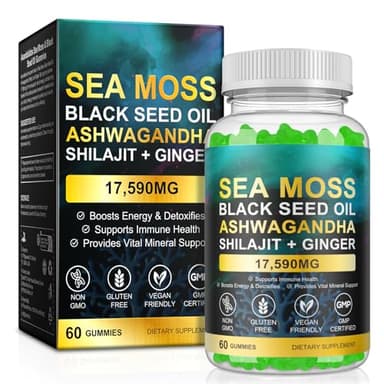 Vceeoy Sea Moss Gummies, SeaMoss Gummy with Black Seed Oil,Ashwagandha,Natural Ingredients Shilajit & Ginger for Men & Women, 17,590mg-60 Gummies
