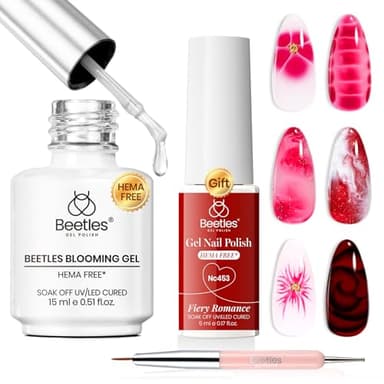 Beetles Blooming Gel Nail Polish Kit - Hema Free Clear Blooming Gel with Red Nail Polish & Nail Art Brush, Soak Off UV/LED for Aura Nails Flower Marble Watercolor Designs DIY Gift Set