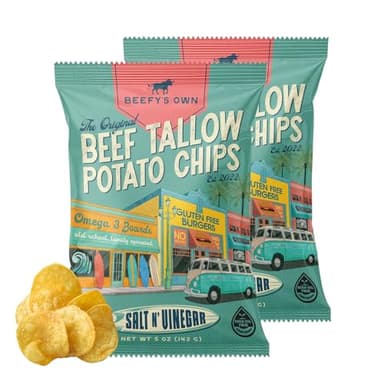 Beefy’s Own Beef Tallow Potato Chips - Kettle Chips Made Without Seed Oils, Gluten Free, Crispy, and Thick Cut - Old-Fashioned Small Batch Fried in Beef Tallow, Salt and Vinegar (5 Oz, Pack of 2)