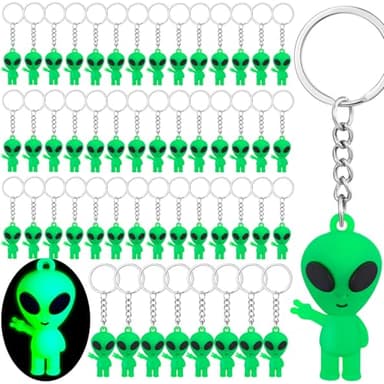 Equsion 50 Pcs Alien Party Favors Alien Keychains Glow in The Dark Space Keychain Mini Rave Trinkets Aliens Figures Little Bulk Gift Prize Christmas Stocking Stuffer for Music Easter Decor (Green)