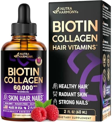 Liquid Biotin & Collagen 60,000 mcg - Vitamins for Hair Growth Support - Extra Strength Drops for Women & Men - Liquid Collagen Supplement - Strong Nails & Healthy Skin - Made in USA - 2 Fl Oz