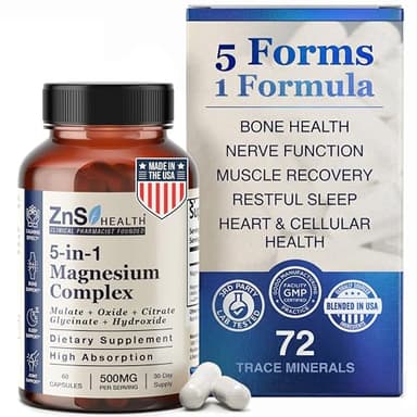 ZnS Health 5-in-1 Magnesium Complex for Men Women High Absorption Magnesium Glycinate Supplement w/Malate, Citrate, Hydroxide for Energy, Muscles, Sleep, & Joint – Vegan, Non-GMO, 500 mg - 60 Caps
