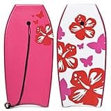 GYMAX Boogie Boards for Beach, 33"/37"/41" Body Board with EPS Foam Core, Crescent Tail, Dual Channel & Wrist Leash, Lightweight Bodyboard for Kids, Youth, Adults (Red Sakura, 37)
