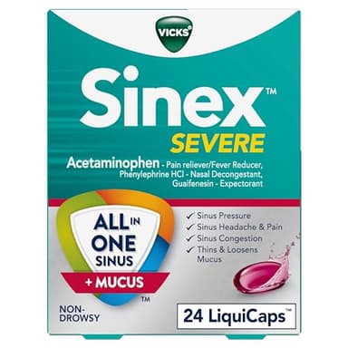 Vicks Sinex SEVERE, All-In-One Sinus + Mucus Relief, Non-Drowsy, Loosens Mucus, Maximum Strength Relief of Pain, Pressure, Congestion, & Headache Relief, 24 LiquiCaps