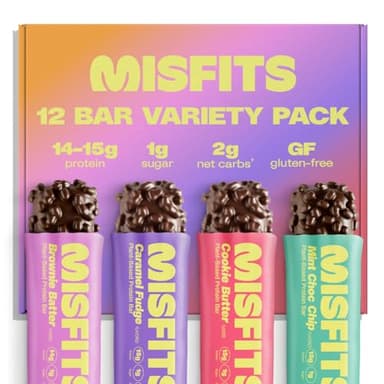 Misfits Protein Bar Variety Pack | Nutrition Bars - 14-15g Protein, 1g Sugar, Plant-based, Low Carb, Non-GMO, Gluten Free Snacks | Pack of 12, Multiple Flavors
