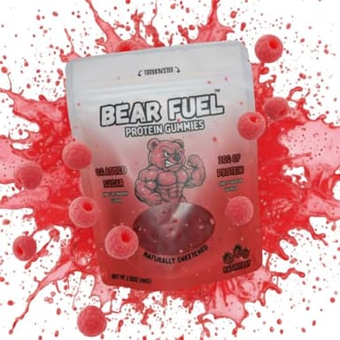Bear Fuel Protein Gummies – 20g Protein Candy Snack – High Protein, Zero Sugar, Naturally Sweetened Gummy Bears – Fruit Variety (3, Raspberry)