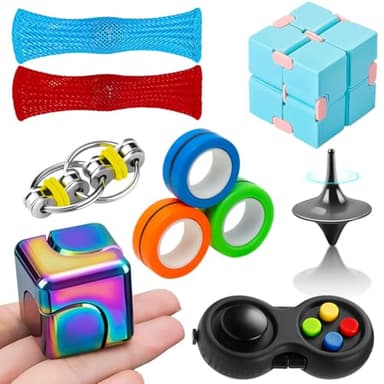 Fidget Sensory Toys Set for Adults 8 Pack with Fidget Spinner, Infinity Cube, 3 Rings, Fidget Pad, Flippy Chain, Spinning Top and More, Quiet Anti-Anxiety Desk Toys for Kids Teens