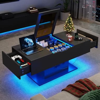 Seetech LED Coffee Table, 44" 3-Drawers Modern Coffee Table with Storage and Charging Station, for Living Room, Black