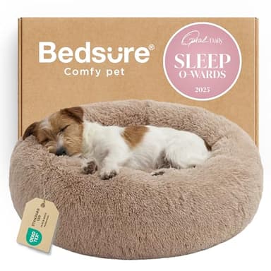 Bedsure Calming Dog Bed for Small Medium Dogs - Donut Washable Medium Puppy Bed, 27 inches Anti-Slip Round Fluffy Plush Faux Fur Pet Bed, Camel