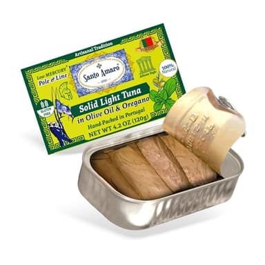 Santo Amaro - Artisanal Wild Tuna Fillets in Olive Oil & Oregano, Pole & Line Caught Tuna from Portugal, Hand-Packed Athens-Style Canned Tuna Fish, 22g Protein, Paleo, Keto, Low Mercury, Pack of 3