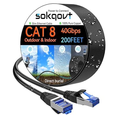 Sokqovt Cat 8 Ethernet Cable Slim 200ft Outdoor&Indoor, Pure Copper Cat8 Internet Cable for Waterproof & Direct Burial, Flexible Cat8 Ethernet Cable 40G 2000MHZ, Cat 8 Network Cable for Indoor Black