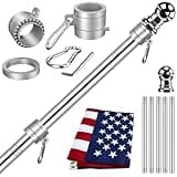 American Flag Pole Kit Made in USA,Including All 6FT 5 Section Flag Pole,3x5 FT Embroidered Stars American Flag,2 Position Flag Pole Holder And 2 Pcs 360°Rotating Anti Wrap Flag Mounting Rings(Silver)