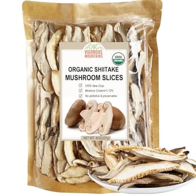 VIGOROUS MOUNTAINS Organic Shiitake Mushrooms Sliced, Great Size Fresh Texture Rehydrate Quickly, Dried Shiitake Mushrooms for Cooking Soups/Ramen/Pasta and Risotto, All Natural Vegan (8Oz)