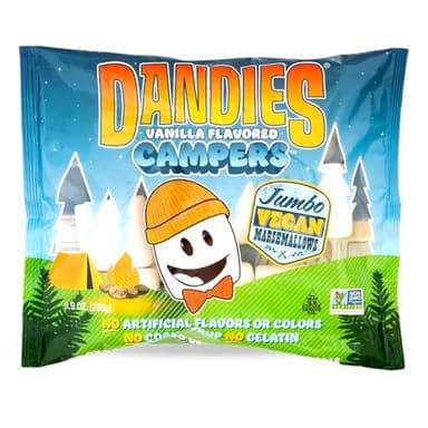 Dandies Jumbo Campers Vegan Marshmallows, No Artificial Flavorings, Food Dyes, Corn Syrup, or Gelatin, Perfect for Roasting, S’mores, or Snacking (Jumbo)