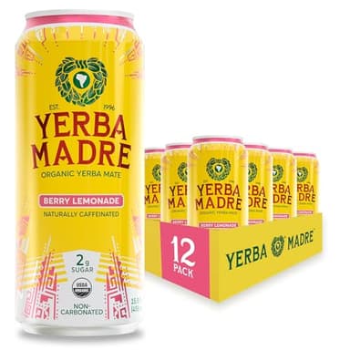 Yerba Madre Organic Yerba Mate, Low Sugar Berry Lemonade, 150mg Natural Caffeine, Energy Drink Alternative, No Jitters or Crash, 15.5 Oz (Pack of 12)