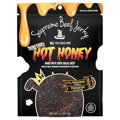Supreme Beef Jerky, Halal Beef Jerky, 2.5 oz Hot Honey Teriyaki, Zabiha Halal Certified Beef, Handcrafted Gourmet Meat Snacks, 2.5 Ounce, Pack of 1