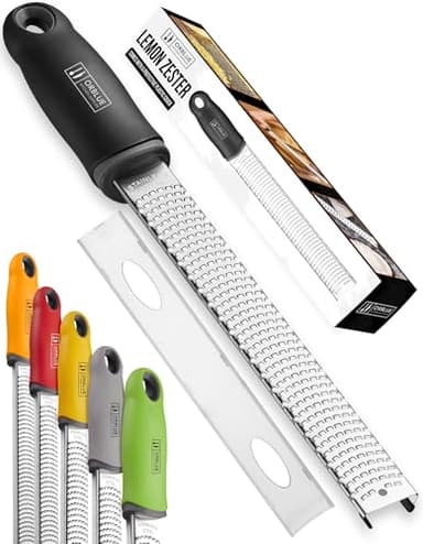 Orblue Lemon Zester & Cheese Grater - Premium Citrus Zester, Kitchen Grater for Parmesan, Chocolate, Fruits, Vegetables, Ginger, Garlic, Nutmeg - Stainless Steel Blades with Protective Cover, Black