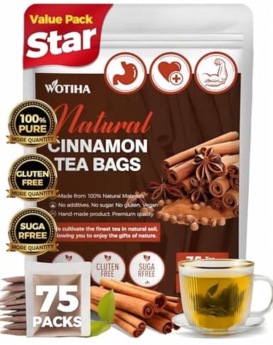 WOTIHA Premium Ceylon Cinnamon Tea Bags (75 Count) - 100% Pure Cinnamon Sticks for Blood Sugar Support & Relaxation - Caffeine-Free, Sugar-Free, Vegan, No Additives