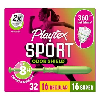 Playtex Sport Odor Shield Tampons Multipack (16ct Regular/16ct Super), Unscented - 32ct | Tampons Regular and Super, Playtex Tampon Multipack, Feminine Care with 360 Leak Defense