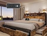 EnHomee King Size Bed Frame with 6 Storage Drawers King Bed Frame and Headboard, Storage Bed with Charging Station, No Noise,No Box Springs Needed,Vintage Brown