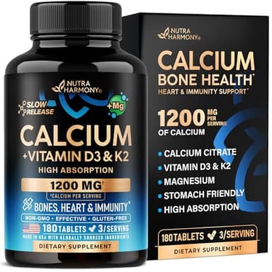 Calcium 1200 mg with Vitamin D3 - Calcium Citrate Supplements for Women & Men - Bone Health, Strength & Density - High Absorption & Slow Release - Lab Tested, Made in USA - 180 Tablets, 60 Days Supply