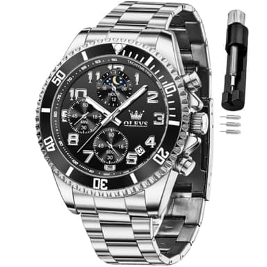 OLEVS Mens Black Watches Chronograph Luxury Dress Moon Phase Big Stainless Steel Waterproof Luminous Business Calendar Wrist Watch
