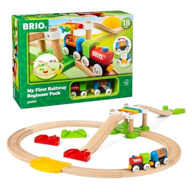 BRIO My First Railway Beginner Pack - 18-Piece FSC-Certified Wood Train Set - Compatible with All BRIO Sets - Includes Rainbow Bridge & Rattle Wagon - Safe Play - Toddlers Ages 18 Months & Older