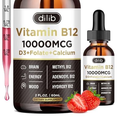 Vitamin B12 Liquid Drops Sublingual 10000 mcg, Triple B-12 Complex Supplement, Methyl & Methylcobalamin Blend for Women & Men, Mood & Energy Booster, Methylated B 12 for Metabolism & Health Support
