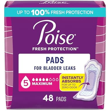 Poise Incontinence & Postpartum Pads for Bladder Leaks, 5 Drop Maximum Absorbency, Regular Length, 48 Count, Packaging May Vary