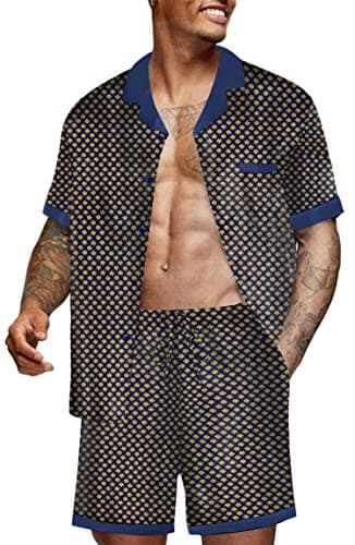 Ekouaer Men Satin Silk Pajamas Set with Pockets Sleepwear Shorts Satin Summer Loungewear 2 Piece Button Down Set S-3XL