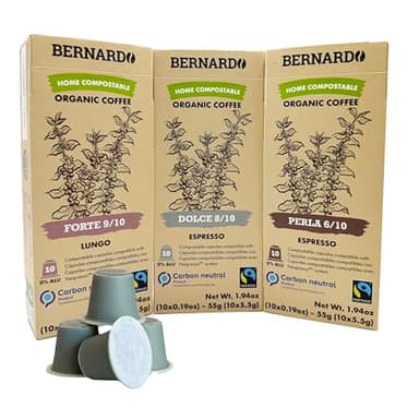 Bernardo Variety: Dolce, Perla, Forte, USDA Organic Espresso Capsules Compatible with Nespresso Original Line, Biodegradable and Home Compostable Pods. (3 Pack, 30 Capsules)