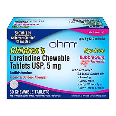 Ohm Children's Allergy Medicine, Loratadine 5mg, Chewable Tablets (30 Count) Bubblegum Flavor, Non-Drowsy Antihistamine, 24-Hour Allergy Relief for Runny Nose, Watery Eyes, Itchy Throat & Nose