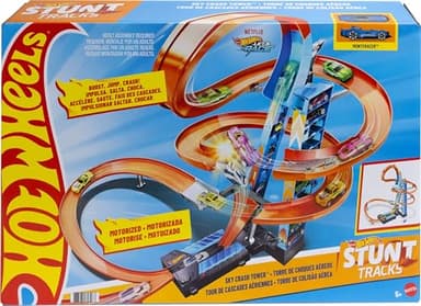 Hot Wheels Sky Crash Tower Track Set, 2.5+ ft / 83 cm High with Motorized Booster, Orange Track & 1 Hot Wheels Vehicle, Race Multiple Cars, Gift for Kids 5 to 10 Years Old & Up
