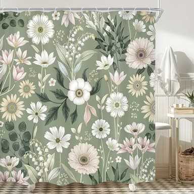 Cinbloo Sage Green Boho Floral 72Wx72H Shower Curtain Bohemian Spring Flower Wildflower Girly Leaves Rustic Plant Botanical Farmhouse Bathroom Curtain Set Trendy Bath Bathroom Accessories Decor
