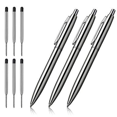 ChaoQ 3 Pcs Retractable Metal Ballpoint Pens, for Gift, Business, Office, 1.0mm Medium Point Black Ink, 6 Extras Replaceable Metal Refills - Stainess Steel