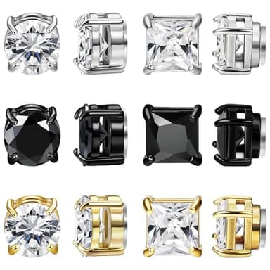 NEWITIN 6 Pairs Stainless Steel Magnetic Stud Earrings for Men Clip on Earring Magnetic Earring Unisex Non Piercing CZ Magnet Studs Diamond Earrings for Women Men