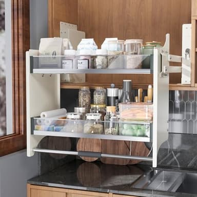 DPZM 22~24'' Pull Down Shelf for Kitchen Upper Cabinet, Heavy Duty Cabinet Organizer, 2 Tier Kitchen Cabinet Pull Down Shelf Large Storage Space, White