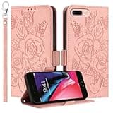 JanCalm for iPhone 6/6s/7/8 Plus Case Wallet, RFID Blocking, Card Cash Slots, Wrist Strap, Floral Butterfly Cute Pattern, Leather Protective Stand Flip Cases Cover (Rose Gold)