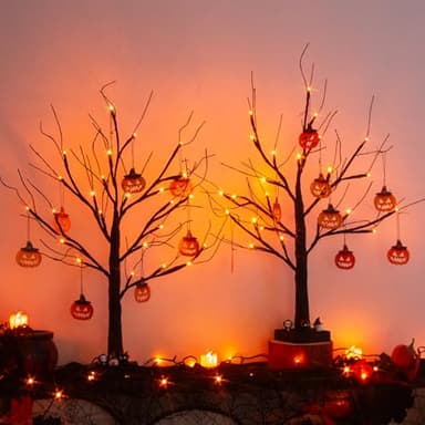 PEIDUO Set of 2 Halloween Trees, 2FT 24LED Lighted Black Glitter Tree with Timer & Pumpkin Ornaments, Battery Operated Halloween Decorations Indoor for Home Table Room Decor