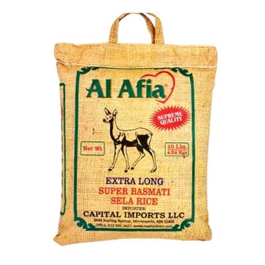 Al Afia Basmati Sela Rice Supreme Quality Extra Long Super Basmati Sela Rice, 10 lb (4.54 kg), Non GMO, Extra Long Basmati Rice, Vegan, Gluten Free, BPA Free, Zip Lock Bag, Dried Grains, Fresh White Rice