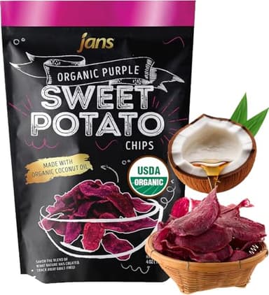 Jans Purple Sweet Potato Chips, 4 oz – Baked Sweet Potato Chips Made with Coconut Oil – Healthy Sweet Potatoes Snacks, AIP Compliant, Gluten Free, Non GMO, Paleo Snack