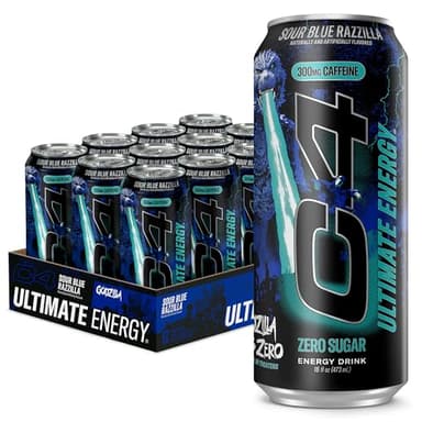 C4 Ultimate Energy Drink, 300mg Caffeine, Zero Sugar, High-Performance Energy for Pre-Workout, Endurance, and Focus, Sour Blue Razzilla, 16oz (Pack of 12)