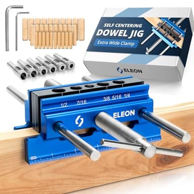 Eleon - Self Centering Dowel Jig with Elongated Jaws and Extra Wide Clamp - Precision Woodworking Made Effortless - Lasting Craftsmanship - Durable Aluminum Alloy Dowel Drill Guide (Blue)