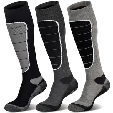 Merino Wool Cold Weather Ski Socks for Snowboarding, Snow, Winter - Thermal Knee-High Warm Socks for Hunting, Outdoor Sports (3 Pairs, Black Grey Grey, X-Large)