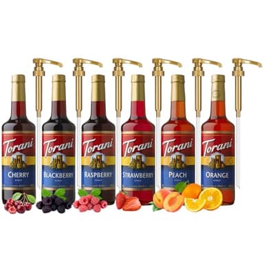 Torani Fruit Syrup Variety 6-Pack, Strawberry, Peach, Raspberry, Blackberry, Orange, and Cherry Flavoring for Drinks, Pumps Included, 25.4 Oz Ea