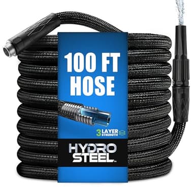 Hydrosteel 50 Ft Metal Garden Hose with Nozzle, Water Hose Made from Heavy Duty 304 Stainless Steel, Flexible, Lightweight, Crush Resistant Fittings, Non Kinking, 5/8” Diameter, 600 PSI