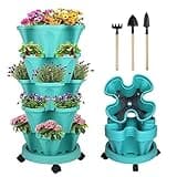 DUNCHATY Stackable Planter, Vertical Garden Planter with Wheels and Tools, Self Watering Strawberry Planter Indoor/Outdoor 5 Tier Herb Planter Pots for Growing Vegetables and Succulents, Teal