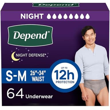 Depend Night Defense Adult Diapers, Incontinence Underwear for Men, Disposable, Overnight, Small/Medium, Grey, 64 Count (4 Packs of 16), Packaging May Vary